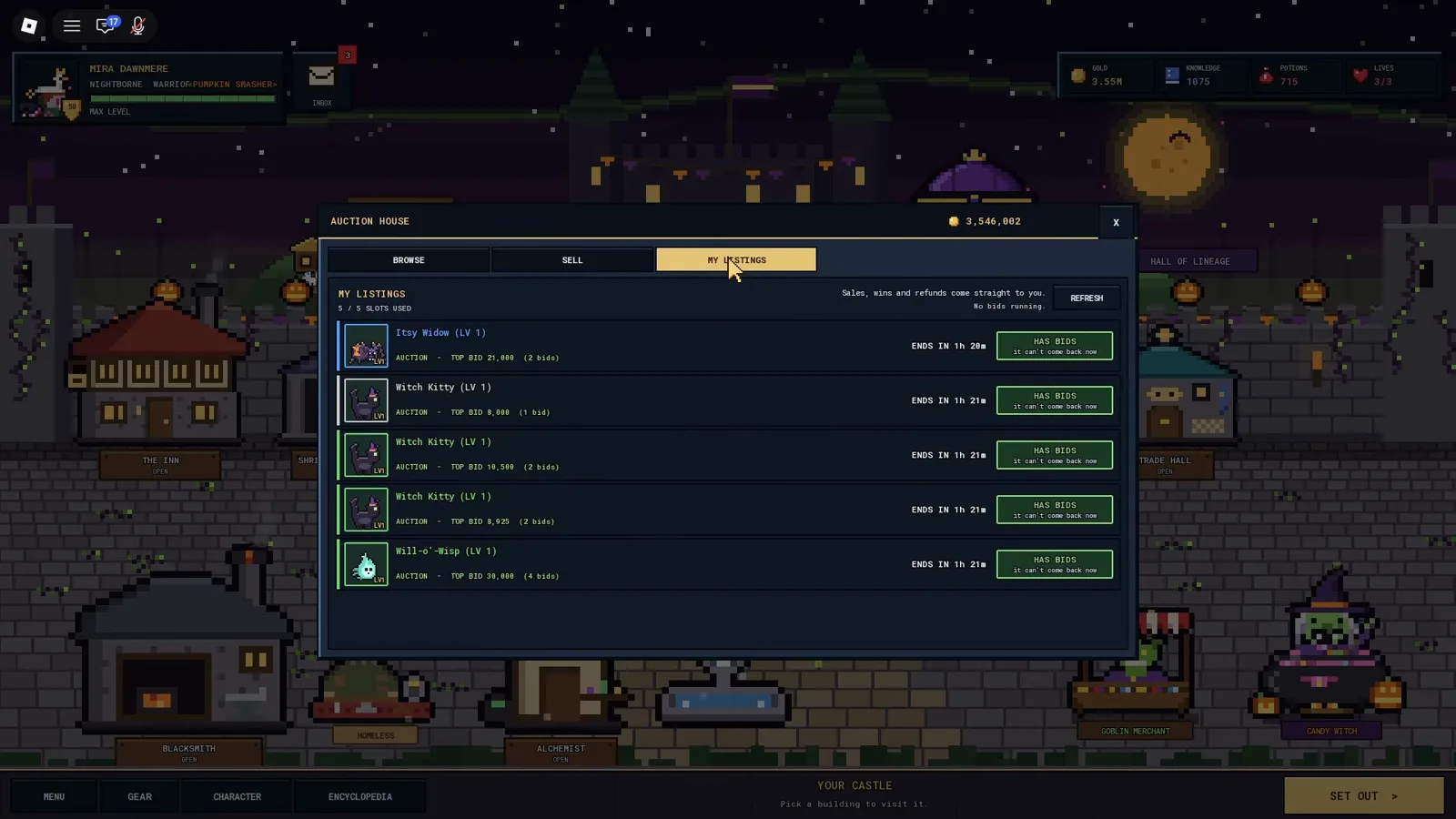 Pixel Lineage auction house listings in the town