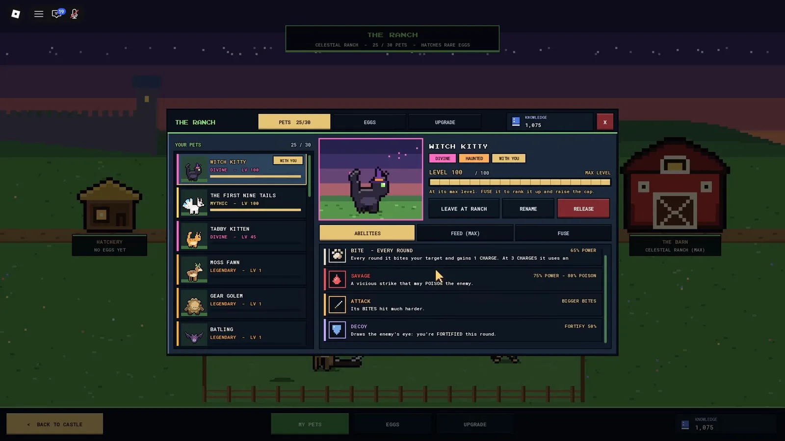 Pixel Lineage ranch screen with pet abilities