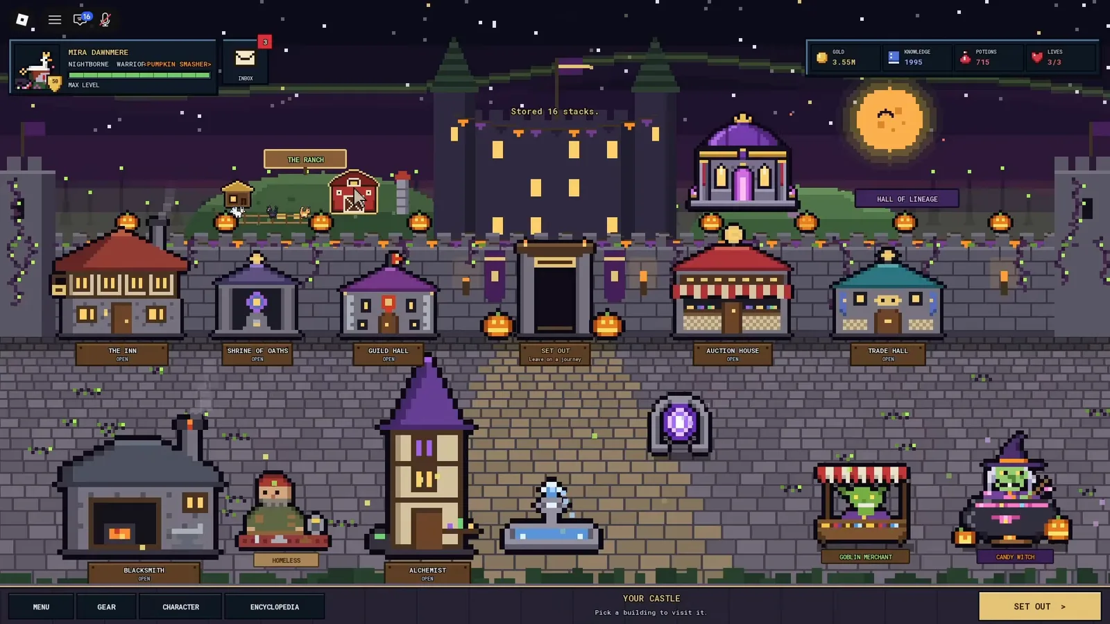 Pixel Lineage town buildings and paths for a first-run orientation
